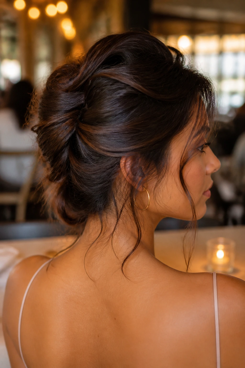 Close-up of a real woman with an undone French twist in a cafe setting.