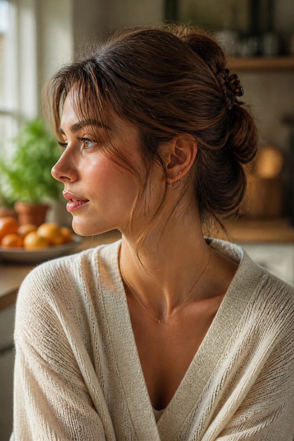 Close-up of a real woman with an undone French twist at the nape
