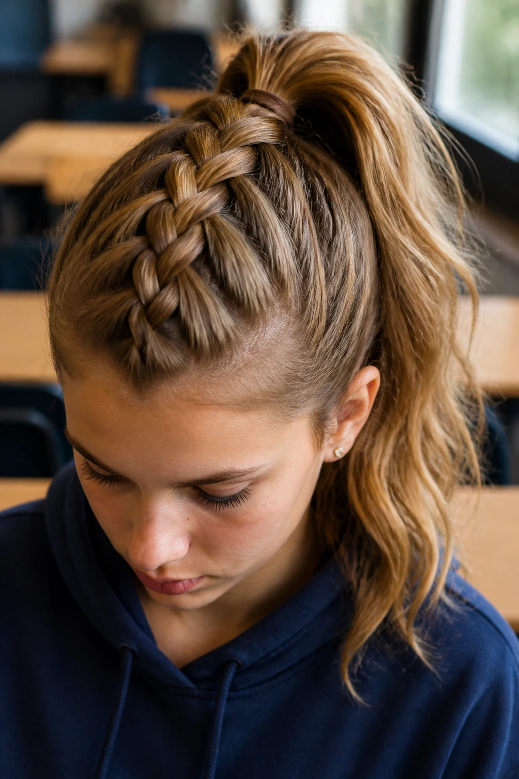 Close-up of The Undone Mohawk Braid on a real student