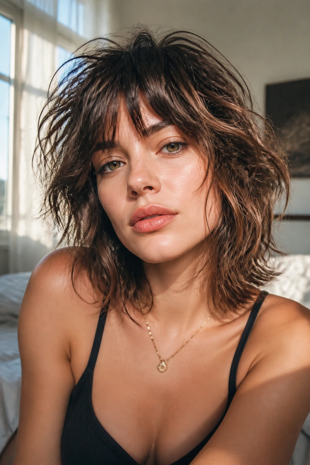 Close-up portrait of a real woman with undone shag and piecey bangs in morning light