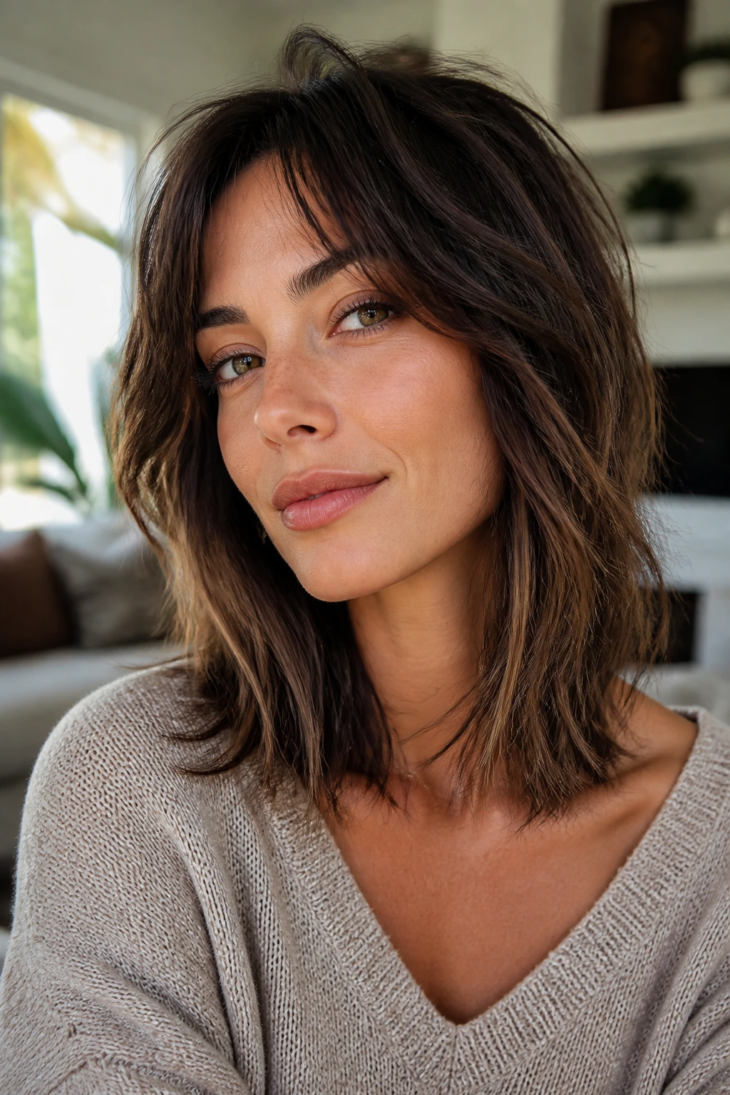 Close-up portrait of a real woman with shoulder-length undone shag and textured waves.