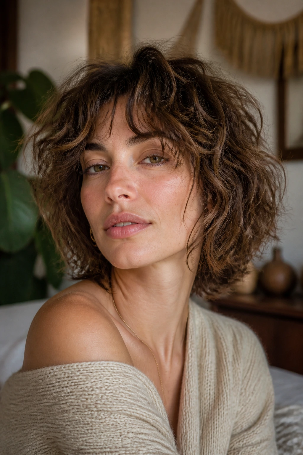 Close-up of a woman with a soft undone shag in a cozy boho room