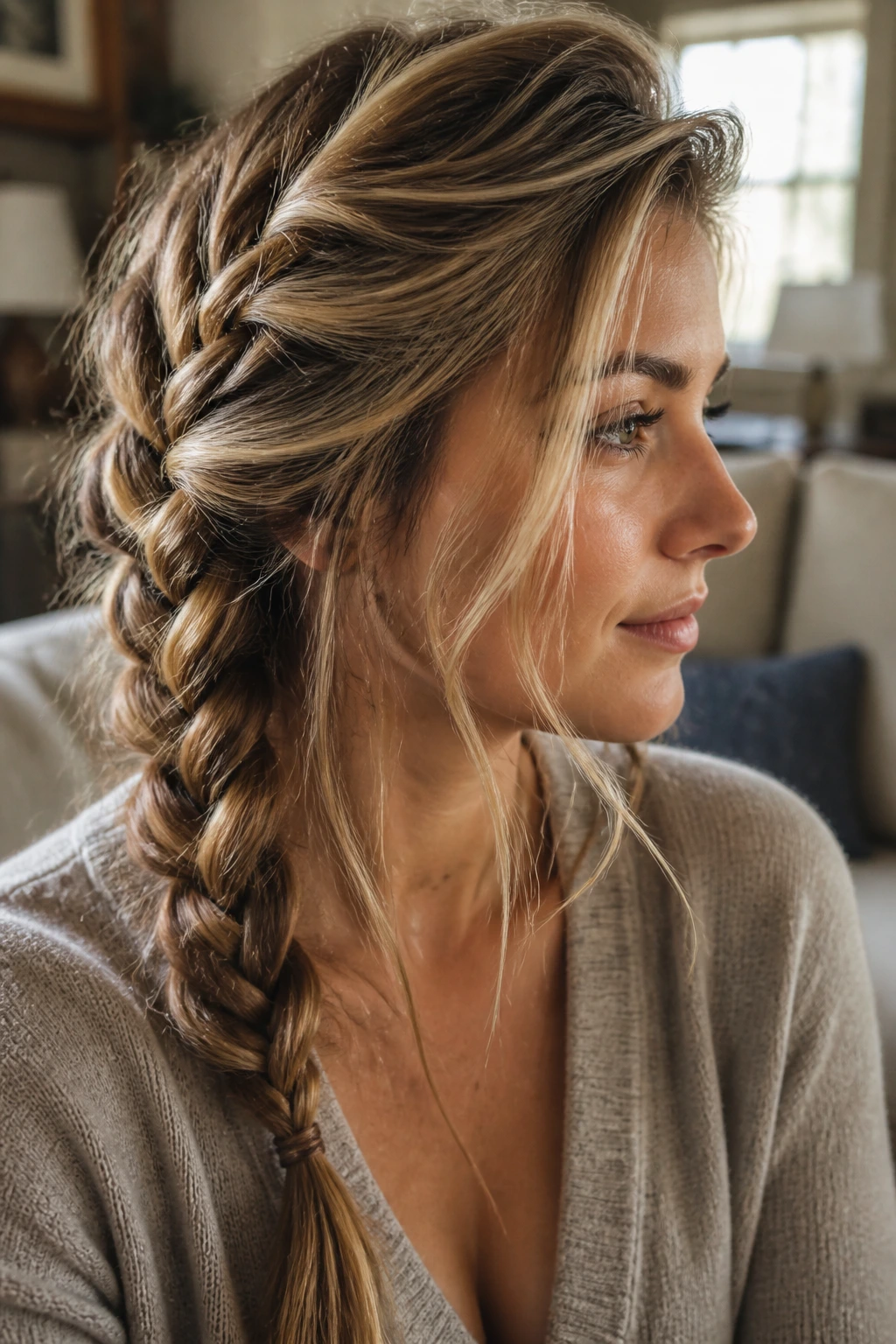 Close-up of a woman with a messy undone side French braid and wispy face-framing hairs