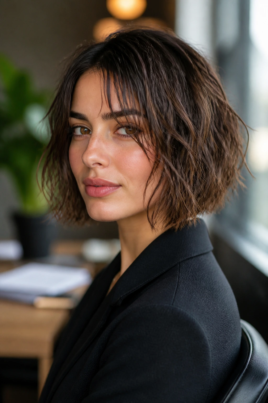 Close-up of a woman with an undone textured bob in an office setting.