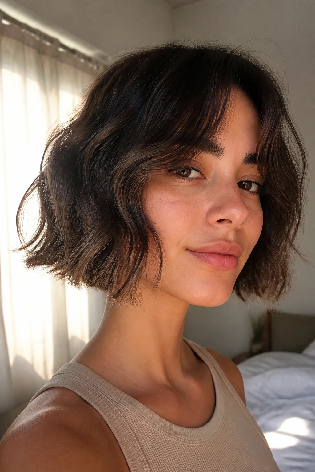 Close-up portrait of a real woman with an undone textured chin bob and waves