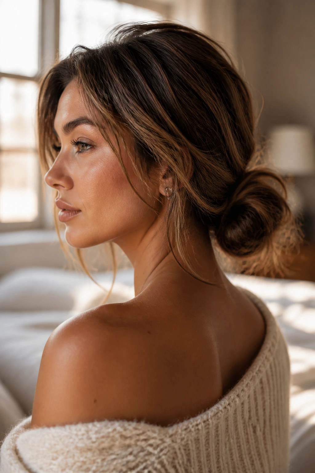 Close-up of a real woman with an undone textured knot at the nape and soft waves