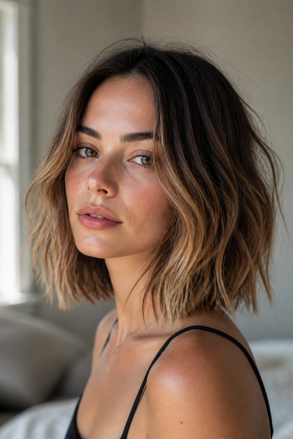 Close-up portrait of a real woman with an undone textured lob and crisp ends