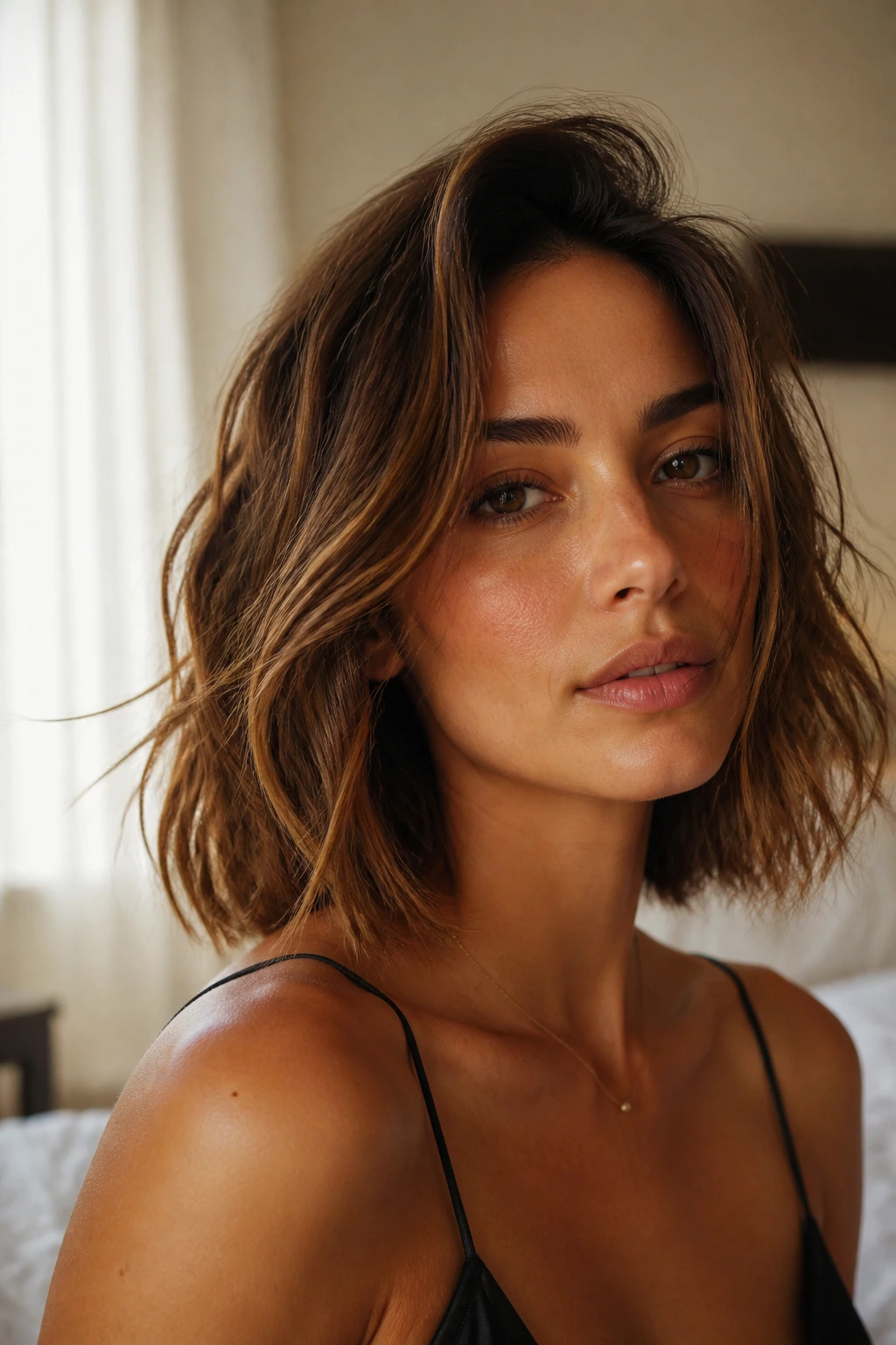 Close-up of woman with undone textured lob in soft bedroom light