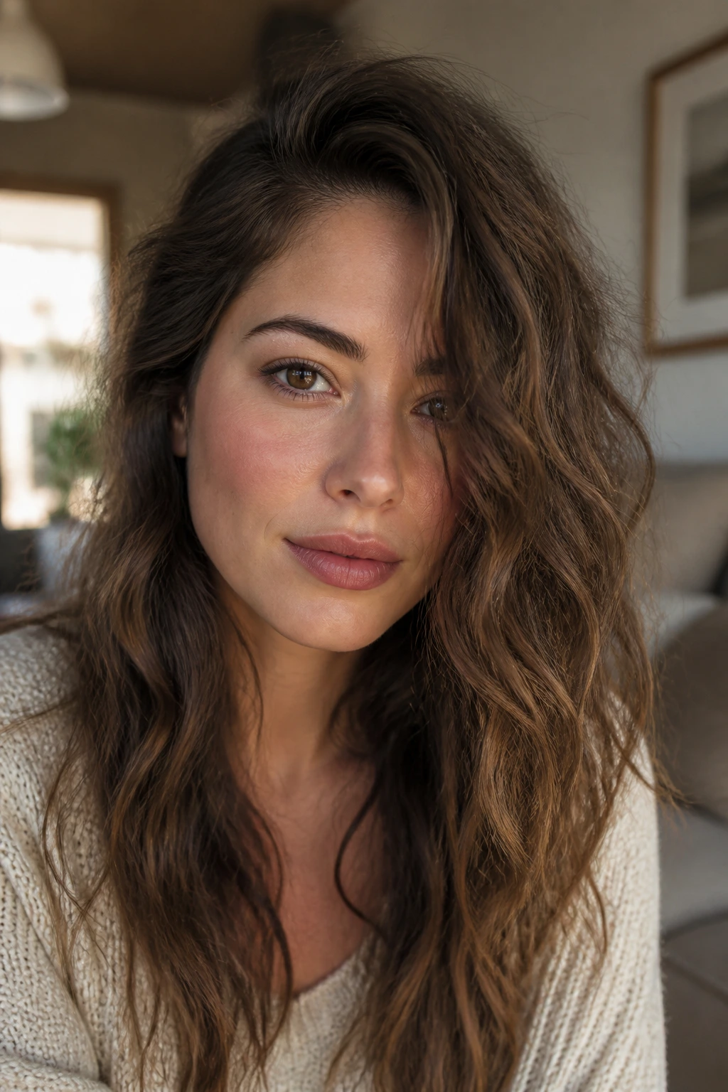 Close-up of a real woman with undone wavy side-part hairstyle in warm daylight