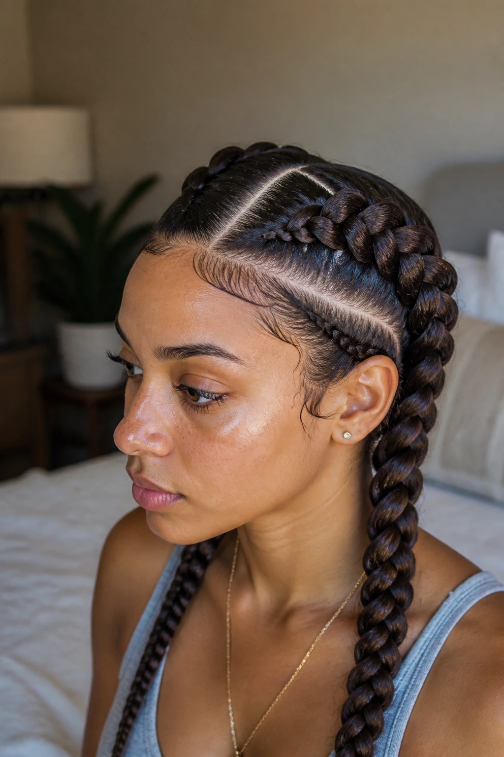 Real person with two Dutch braids showing uneven thickness in a cozy bedroom setting