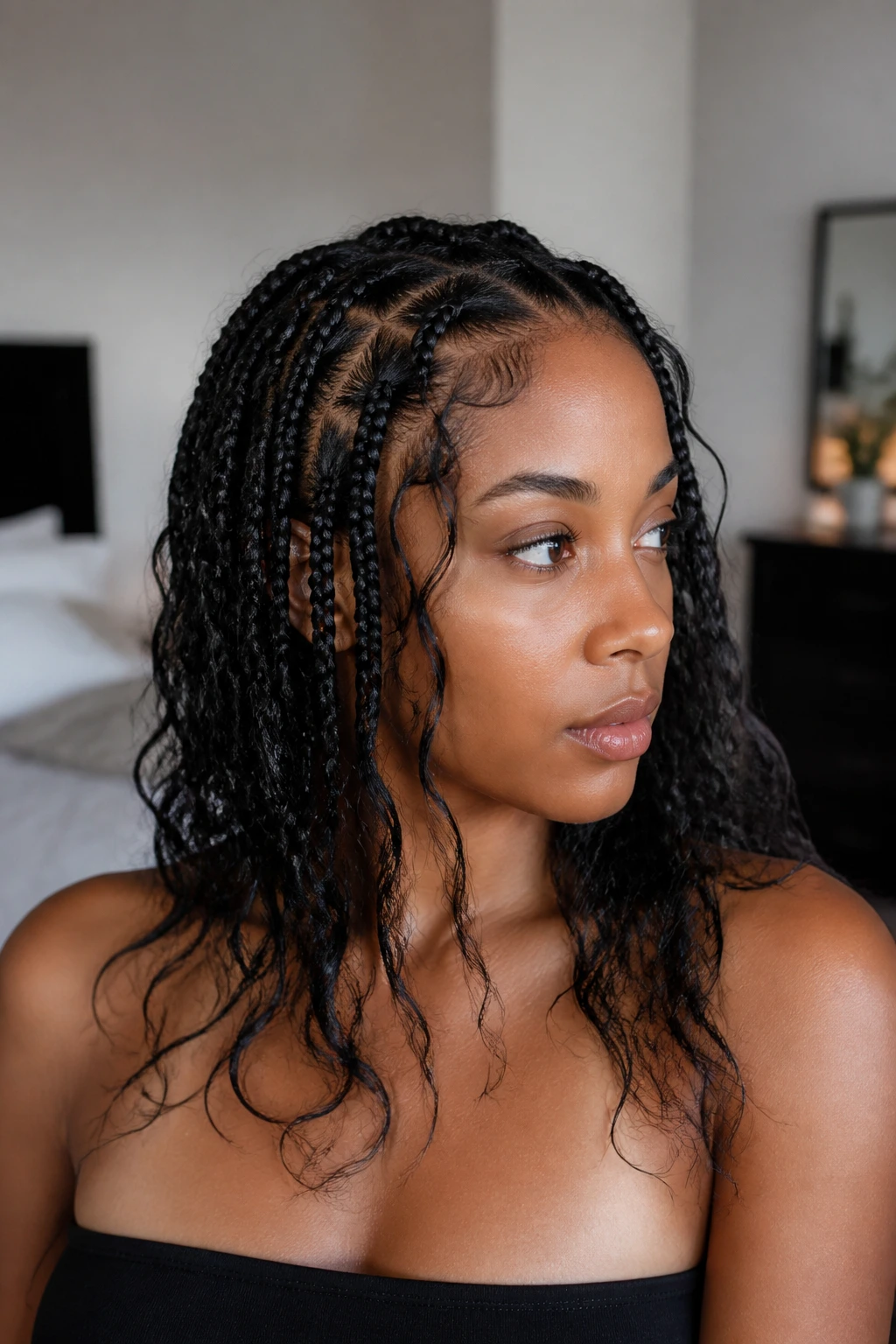 Close-up of a real woman with unfinished goddess braids ending at the neck and loose curls