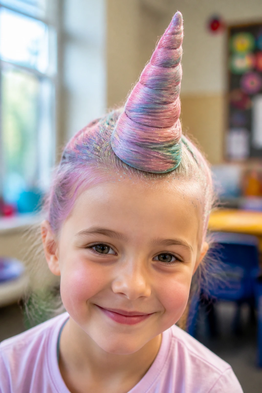 Close-up of a real child wearing a unicorn horn cone hairstyle