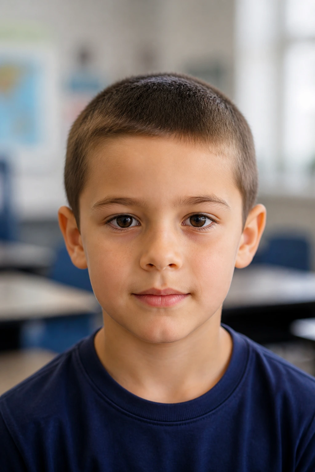 Close-up of a real child with a uniform crop hairstyle in a classroom setting