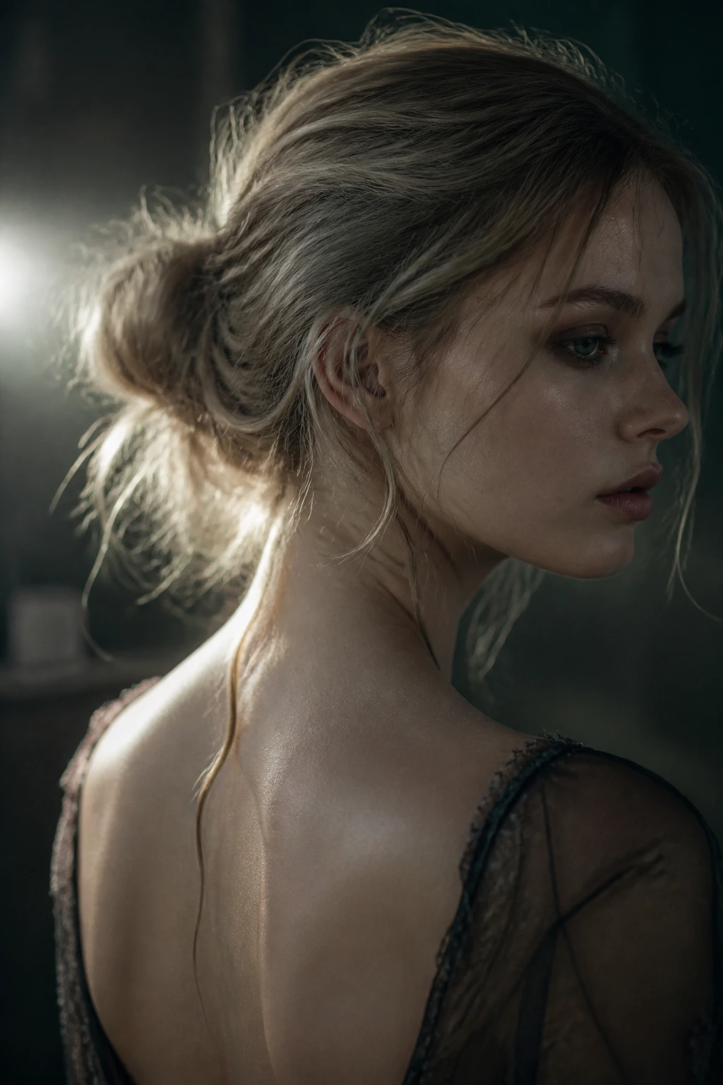 Close-up of a real person with a loose unraveling bun and trailing strand.