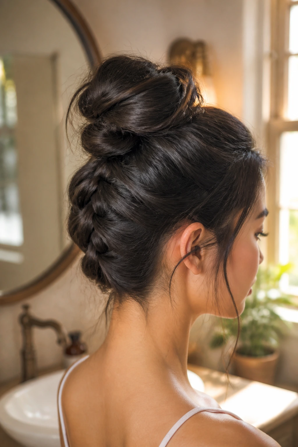 Close-up portrait of a real woman with an upside-down braid bun at the crown.