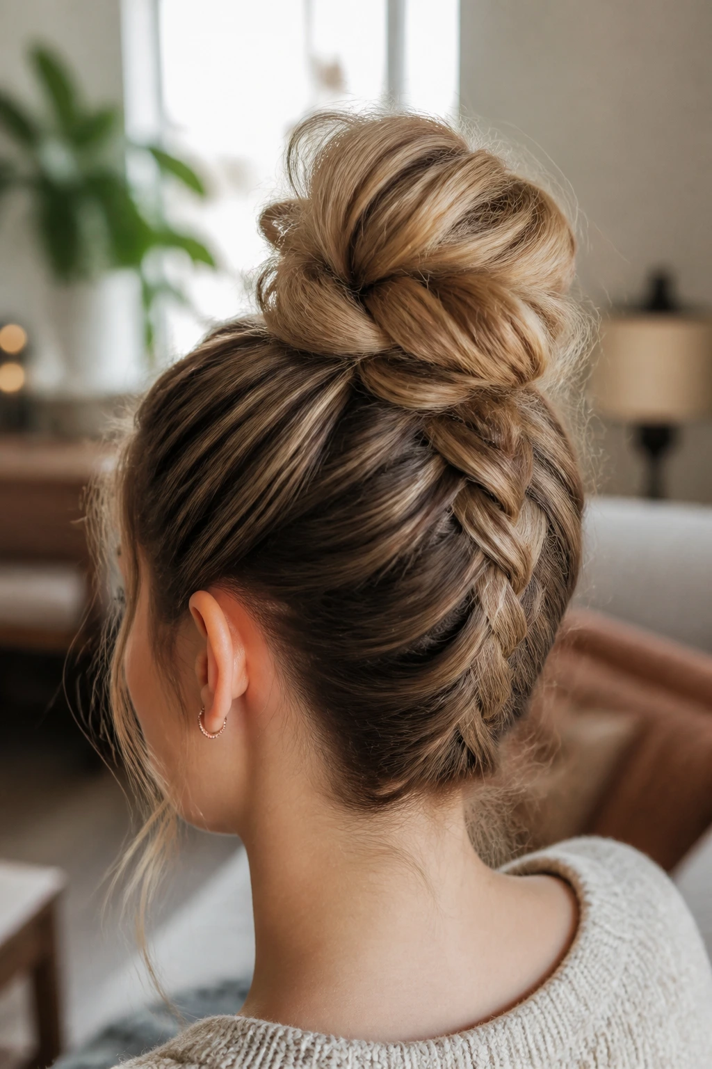 Back view of a real woman showing an upside-down French braid leading to a loose bun