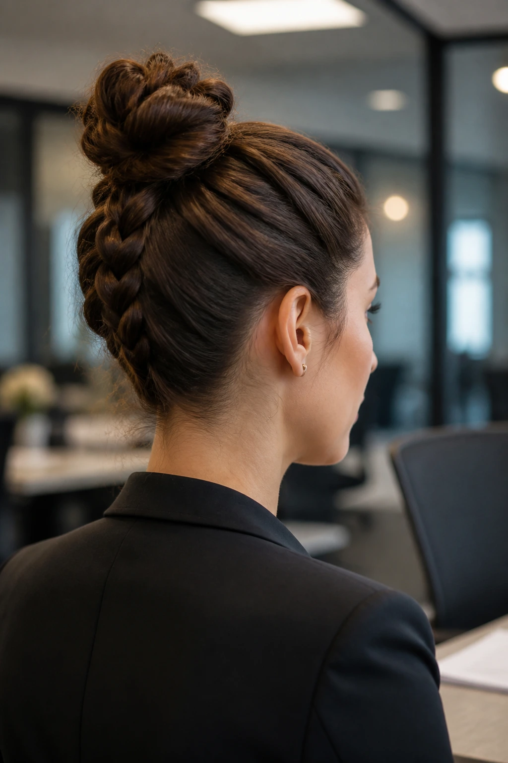 Rear three-quarter portrait of a real woman with an upside-down braided bun