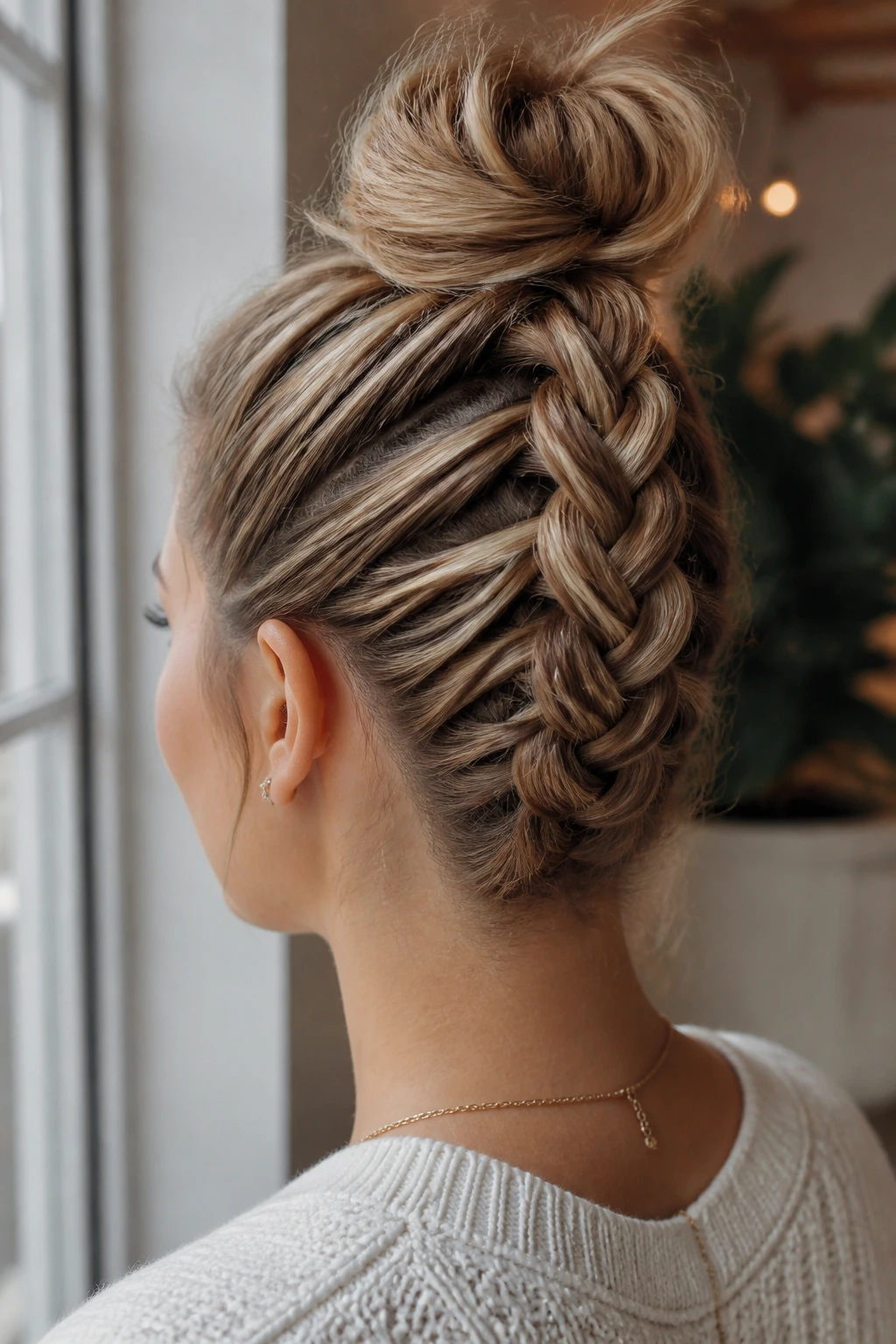 Close-up of real woman with upside-down Dutch braid forming a high crown bun.