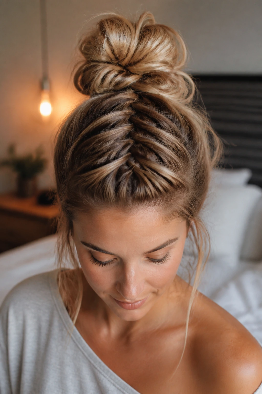 Real person with upside-down fishtail bun hairstyle