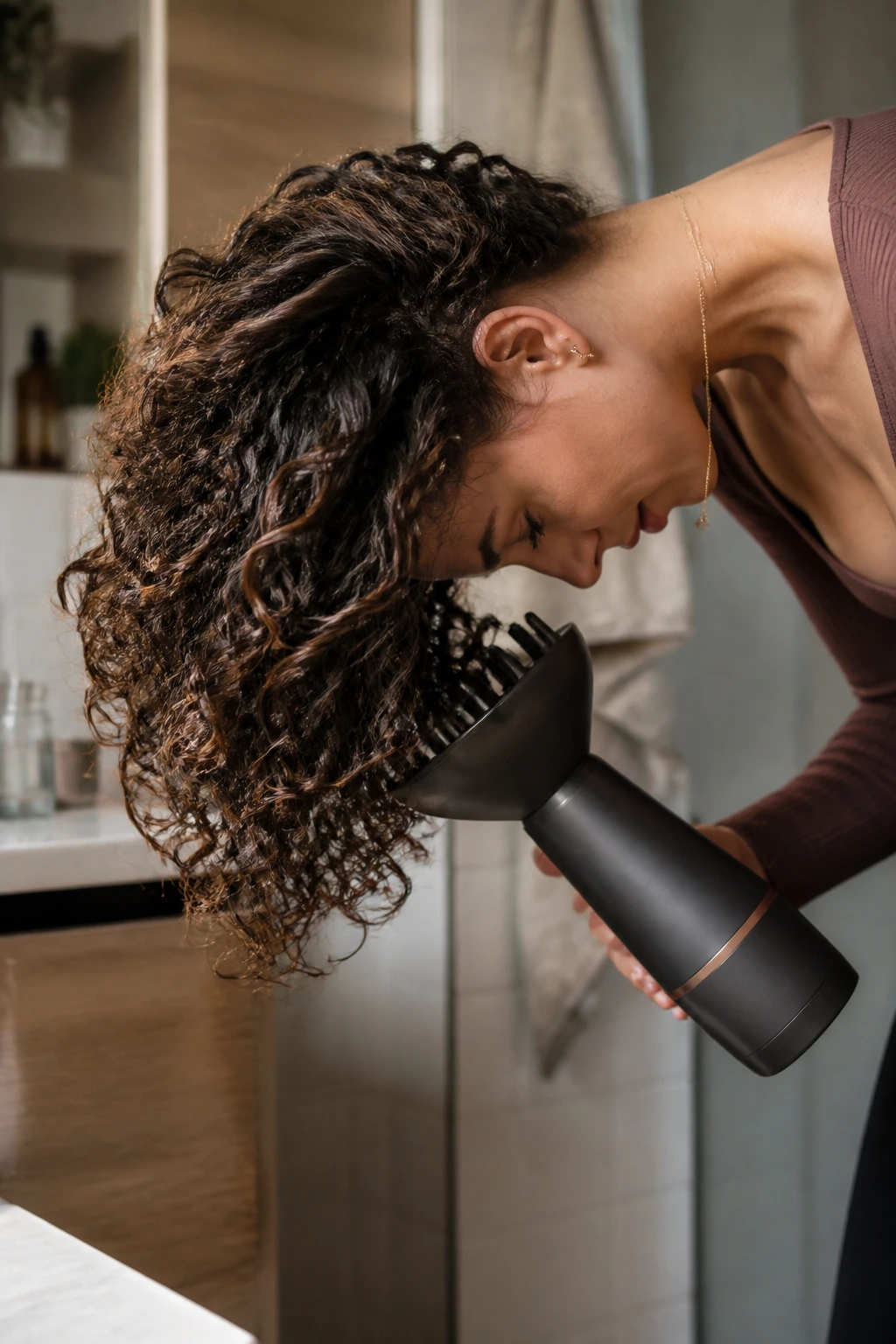 Close-up of a person drying hair upside-down with diffuser.