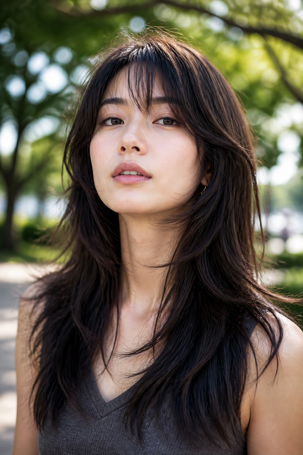 Close-up of a woman with long layered Uruna shag and point-cut ends