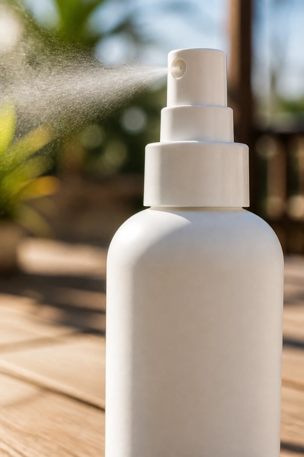 Close-up of a plain white spray bottle releasing mist on a sunlit deck