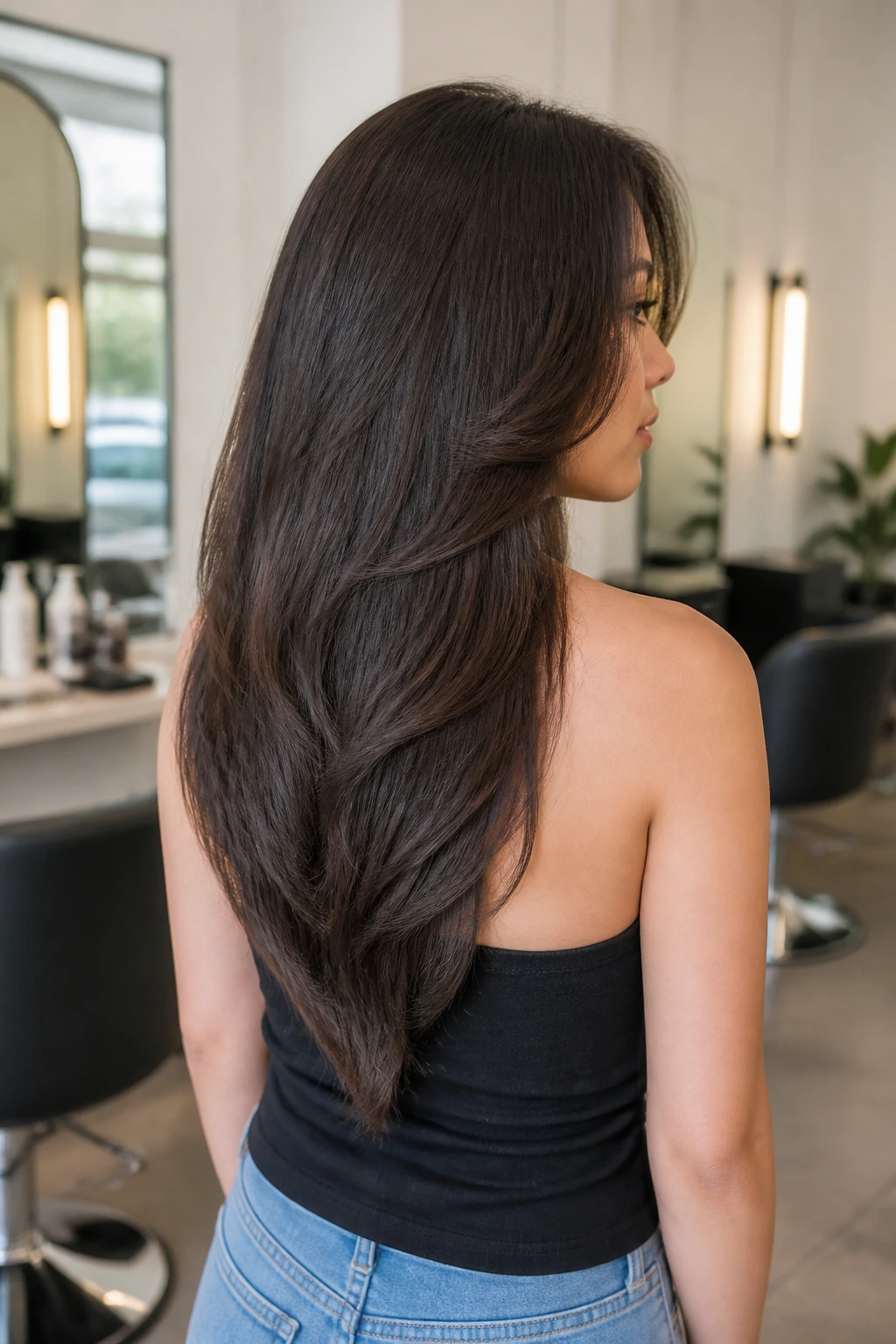 Back and side view of long V-cut hair with soft slicing on a real person