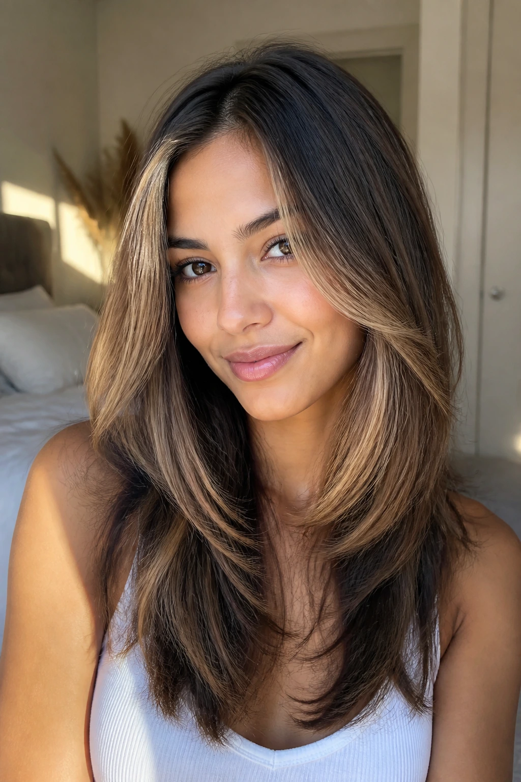 Real woman with face-framing highlights and V-cut in morning light