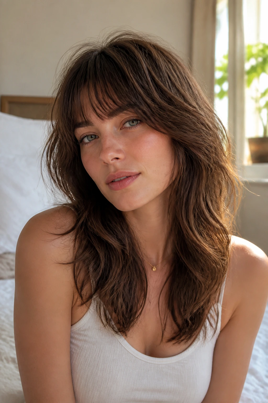 Real woman with mid-length V-cut layers and Birkin bangs in a sunlit bedroom