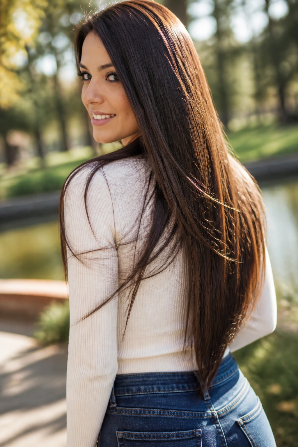 Real woman with long V-cut layers in a park setting