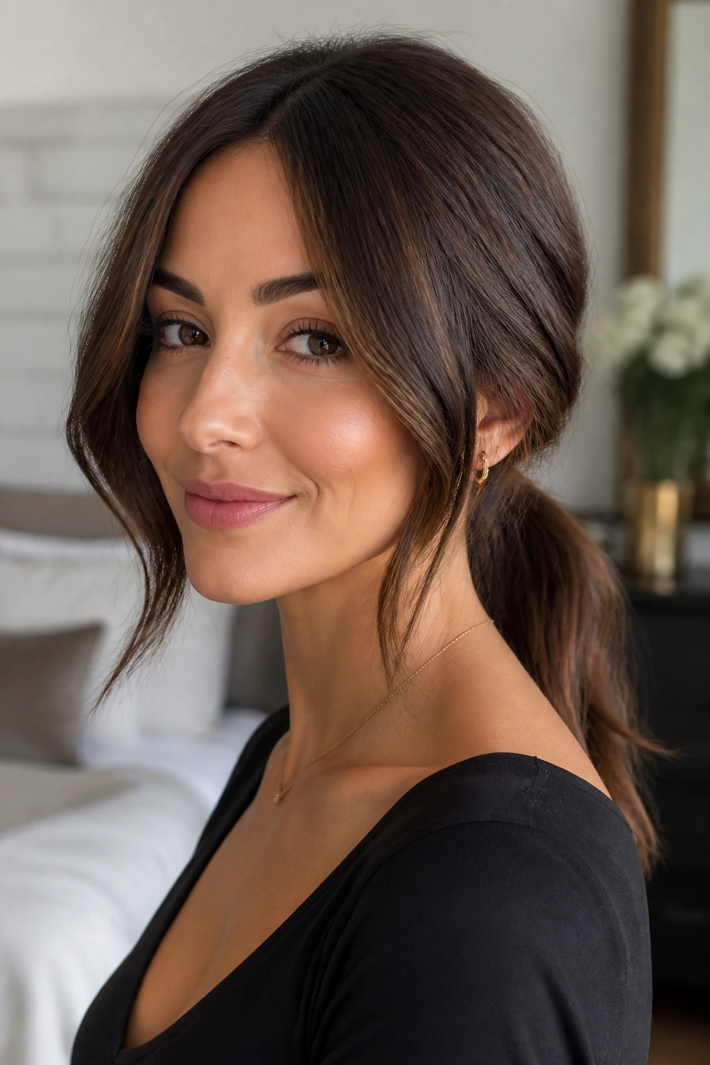 Close-up of a real woman with a V-cut and low ponytail in warm window light