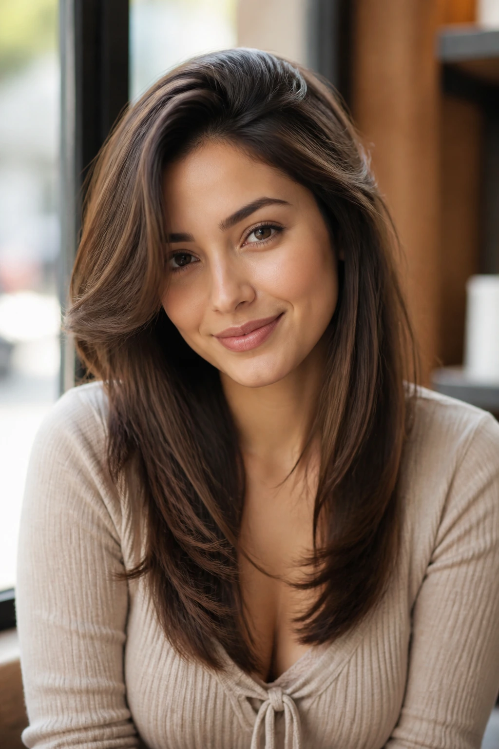 Real woman with deep side part and V-cut in warm cafe setting