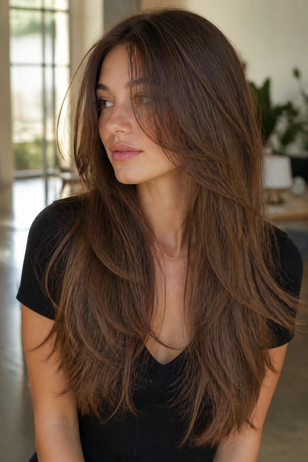 Real woman with long wispy layers and V-cut in a sunlit room