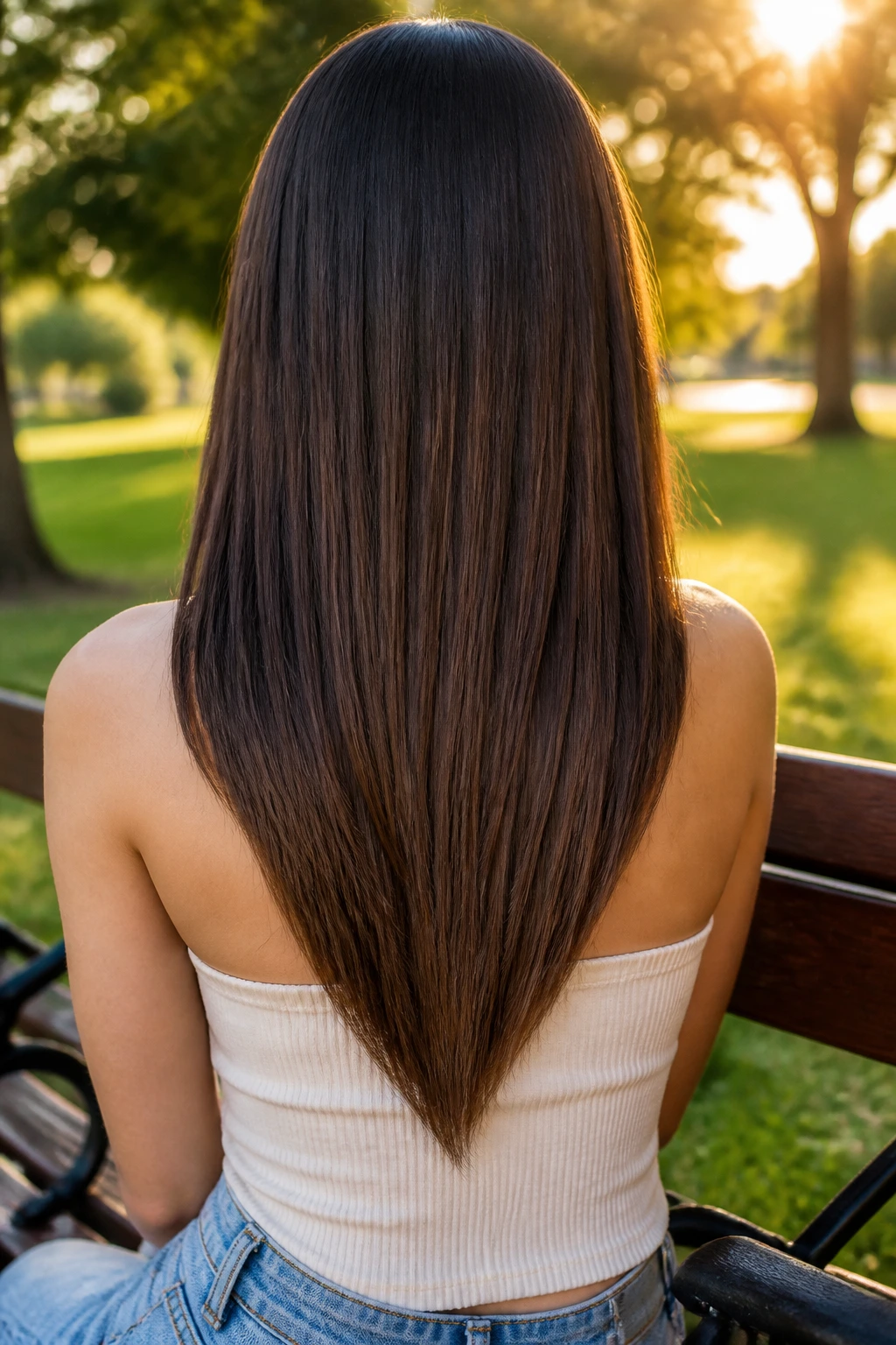 Back view of a real woman with a sleek V-shaped back and tapered ends in long straight hair
