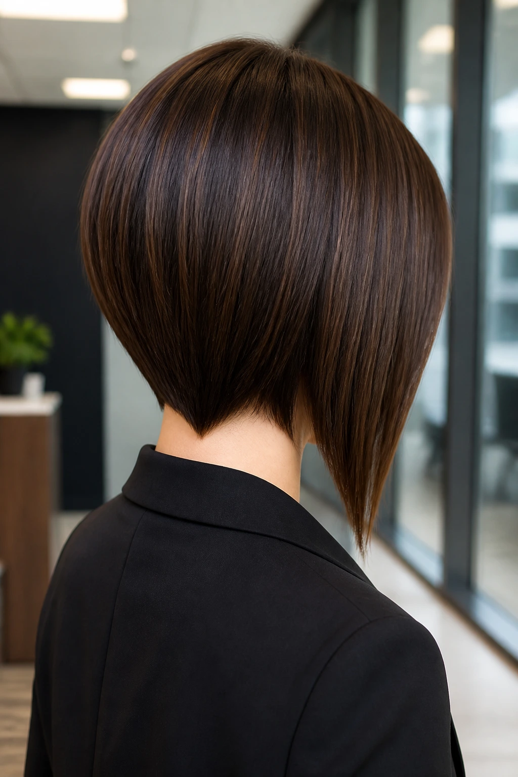 Back-of-head view with V-shaped back and angled front hair in a real person