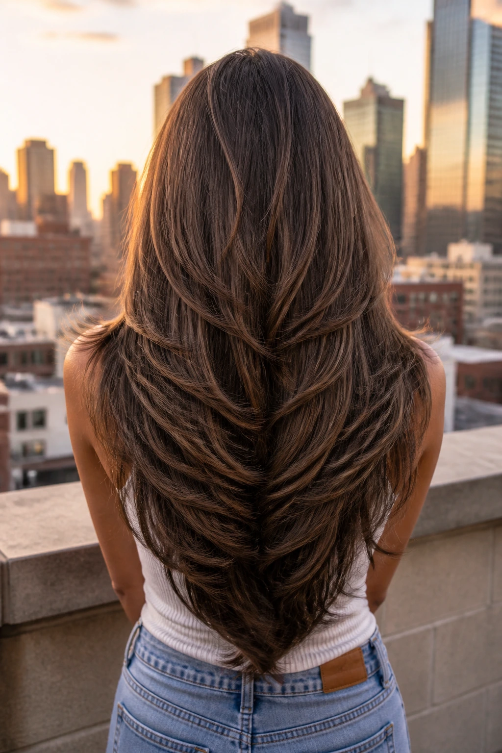 Rear view of real woman with a dramatic V-shaped back butterfly cut