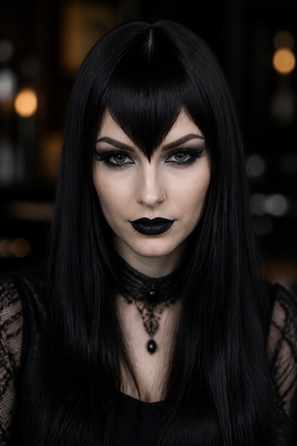 Real woman with V-shaped goth fringe and pin-straight dark tresses