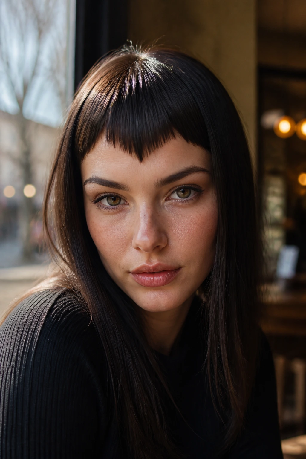 Close-up of a real woman with a V-shaped micro fringe in sunlit cafe light.