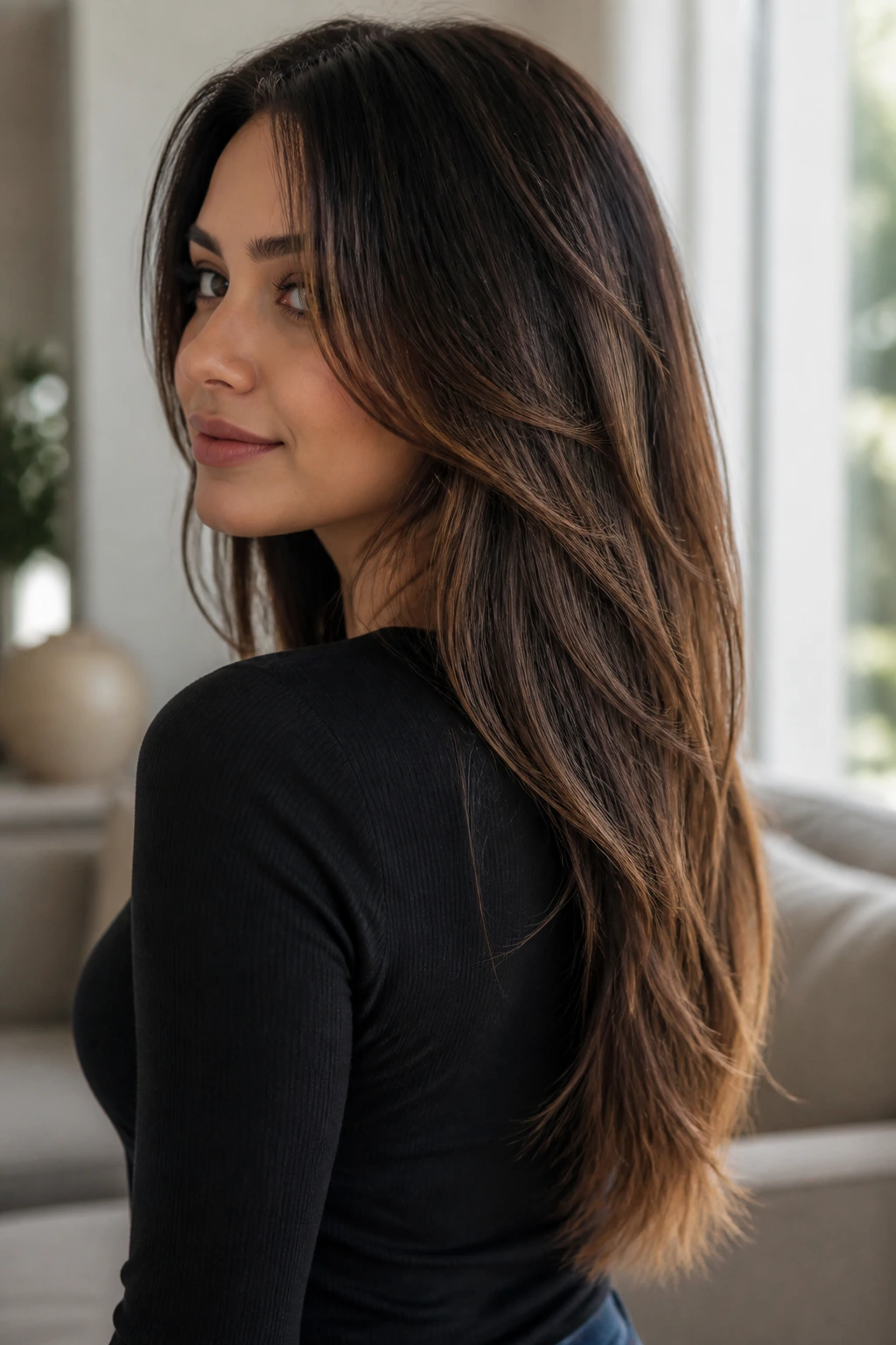 Close-up of a real woman with a long V-shaped layered haircut featuring face-framing layers