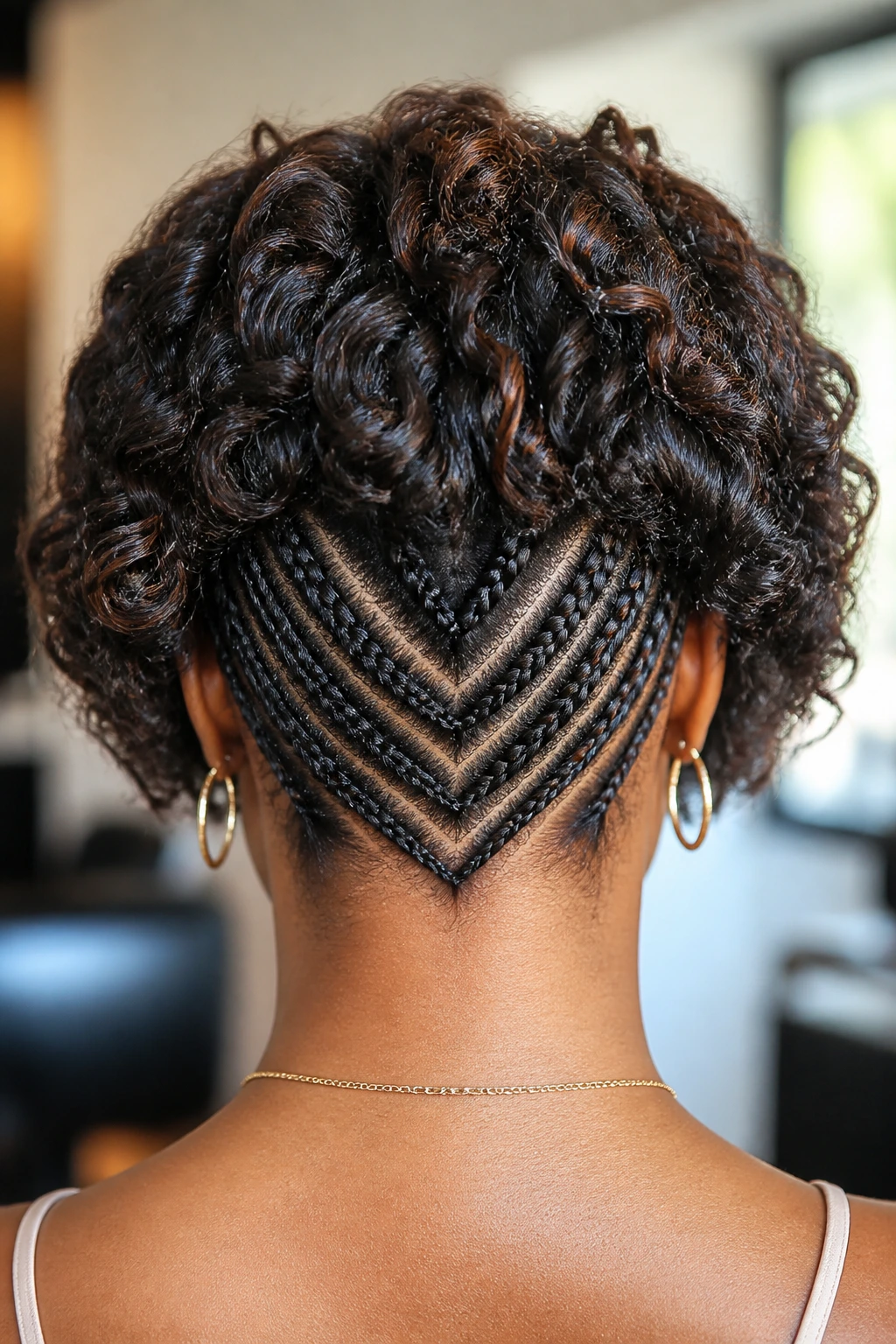 Close-up back of head showing a V-shaped nape cornrow pattern with crochet braids