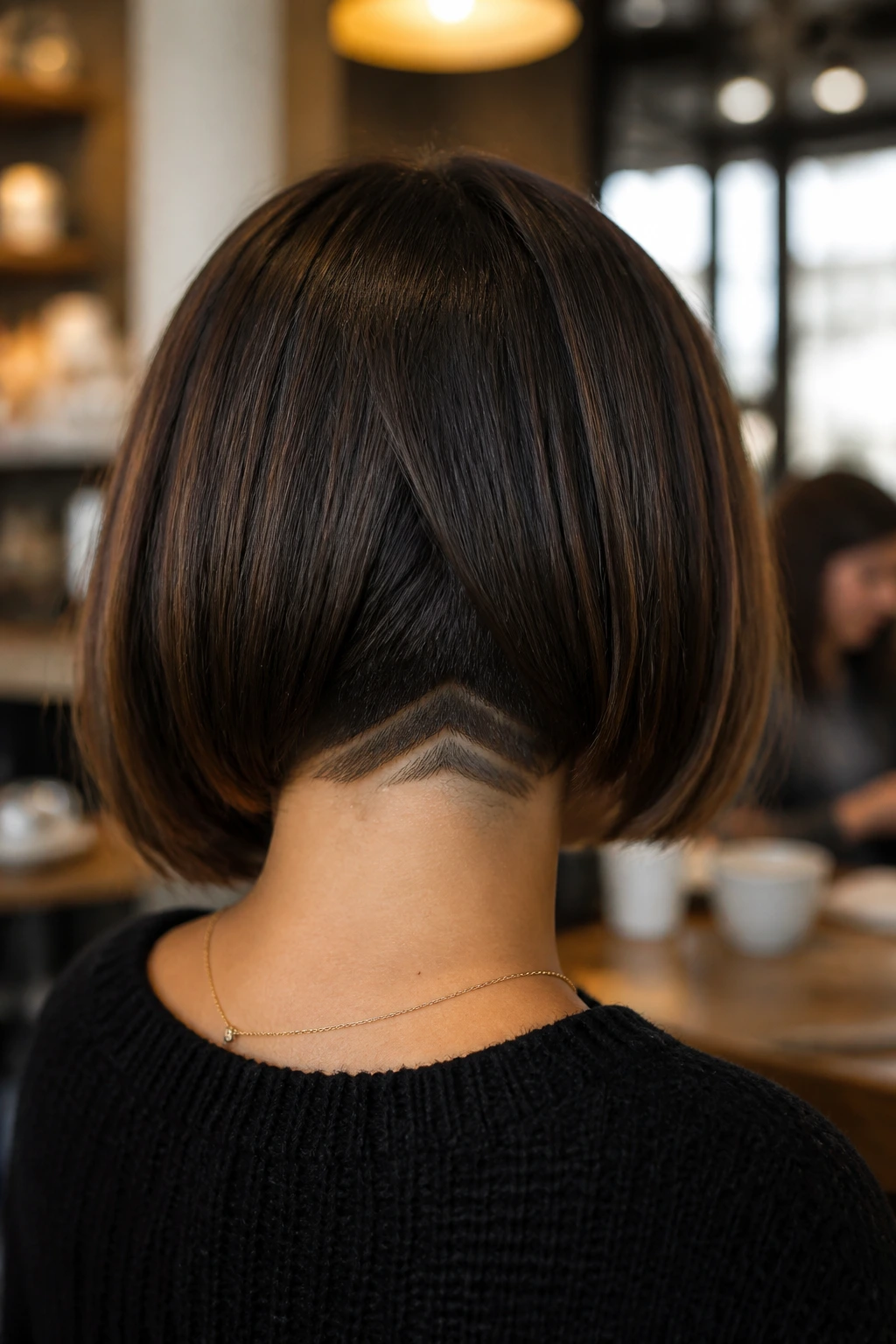 Back-of-head view showing a subtle V-shaped nape detail beneath a long bob on a real person.
