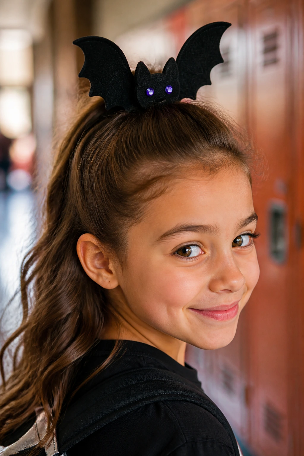Close-up of a real child wearing a black vampire bat hair bow in a half-up ponytail