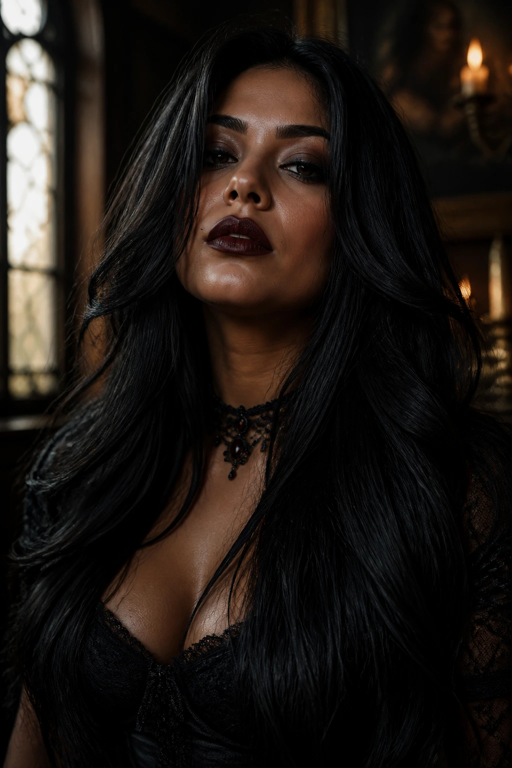 Close-up of a Latina woman with long layered gothic hairstyle and face-framing pieces