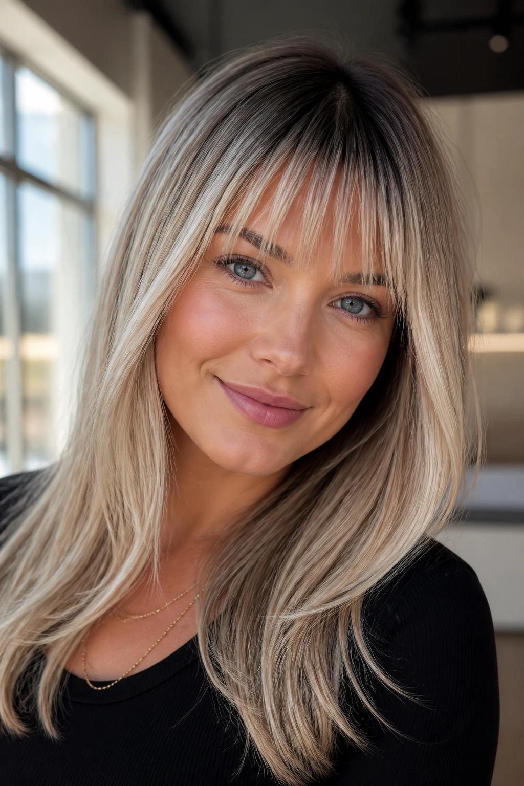 Close-up of a real person with vanilla balayage and sleek point-cut bangs