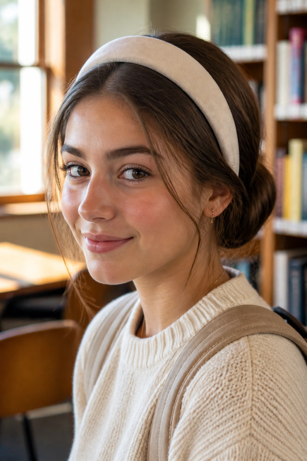 Close-up of a real student wearing a velvet headband with hair tucked for a faux-bob look