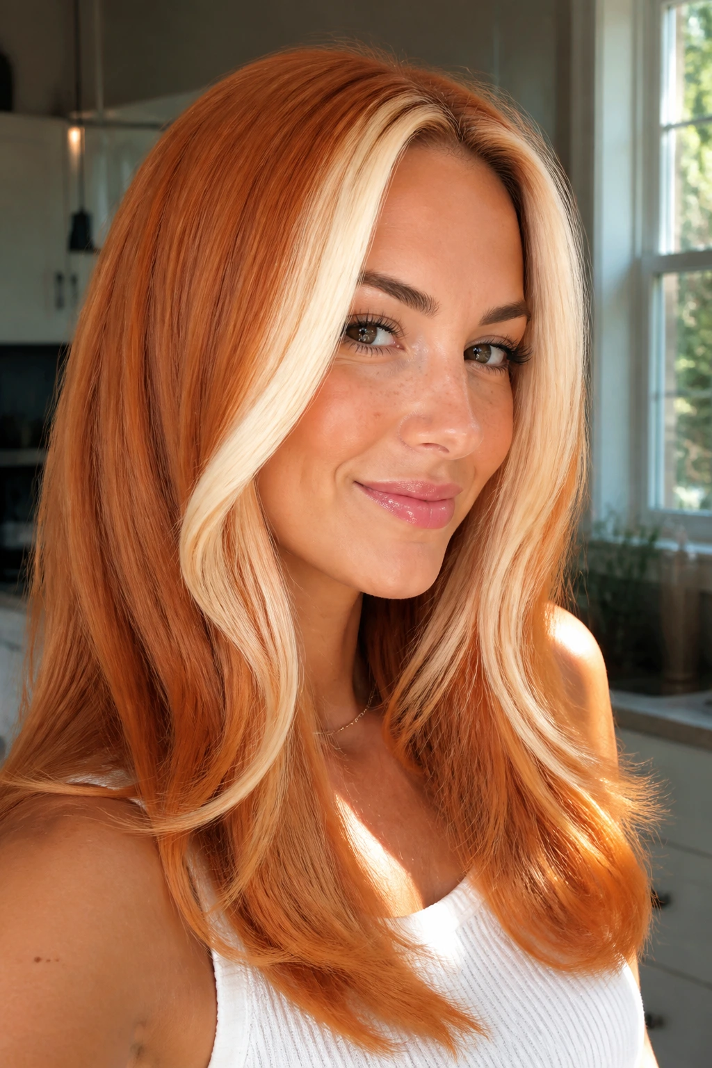 Portrait of a woman with vanilla-white face-framing strands against an orange base in natural daylight.