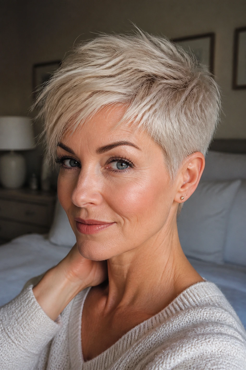 Close-up of wispy vanilla pixie with tapered sides on a real woman