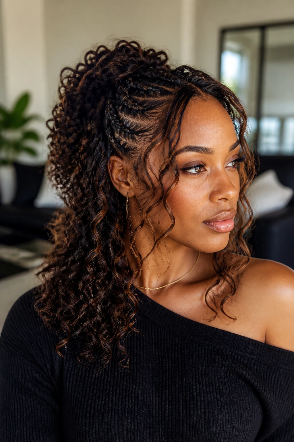 Real person with mixed crochet braid variations showing layered look