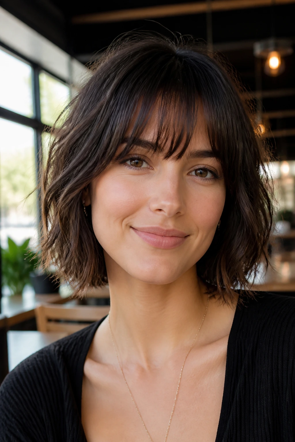 Portrait of a person with a versatile choppy bob including bangs
