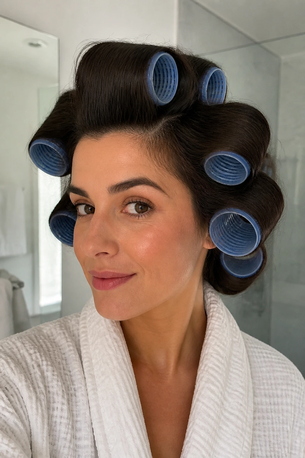 Close-up of a real person with Velcro rollers in hair for a voluminous look in a bathroom.